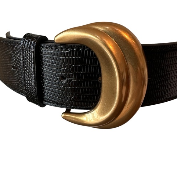 Sophisticated Black Textured Wide Leather Belt with Large Gold Buckle, Size 10